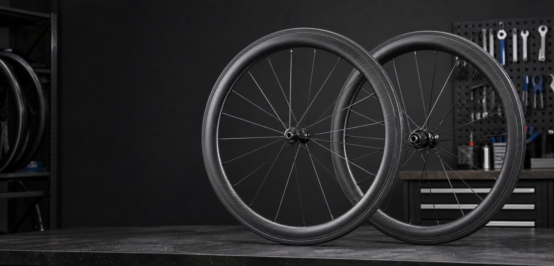 Unbranded carbon rim brake road bike wheelsets on a factory workbench